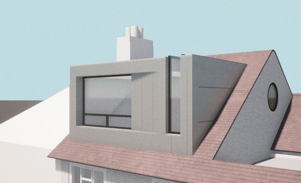 A 3D rendering of a house with a contemporary roof extension featuring a large window and a flat roof section.