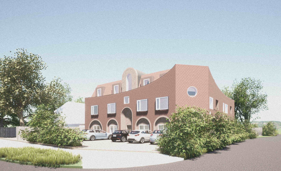 A contemporary house with red brick walls, a curved roof, and arched windows on the ground floor. Cars are parked in the driveway.