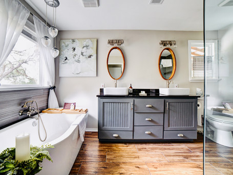 Lazy Lavender House Vacation Rental Bathroom in Wimberley, Texas with large soaking tub.