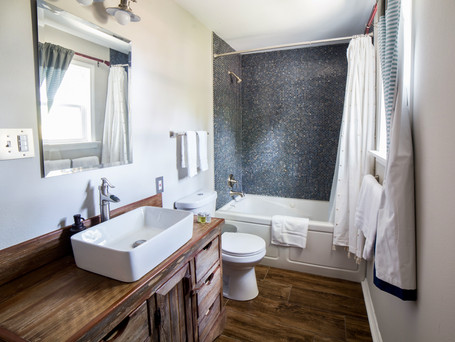 The Lazy Lavender House Vacation Rental secondary bathroom in Wimberley, Texas.