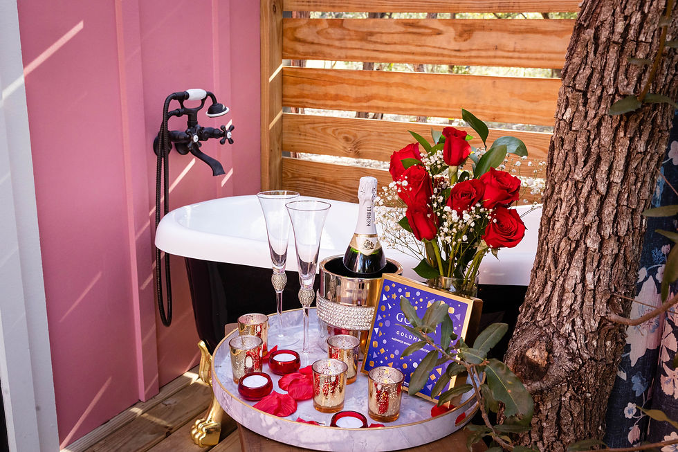 Clawfoot tub with champagne, roses, and candles inside The Pink House at The Lazy Lavender in Wimberley TX