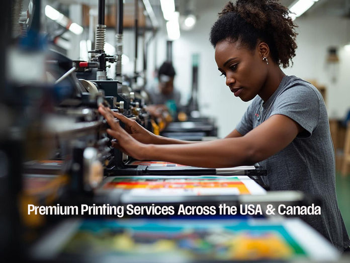 Professional printing production environment featuring a print technician operating a commercial printing press. Colorful printed sheets move through the machinery while precision controls and industrial equipment line the production area. The image highlights the quality, craftsmanship, and attention to detail behind Prints of Love's printing services for customers across the United States and Canada.