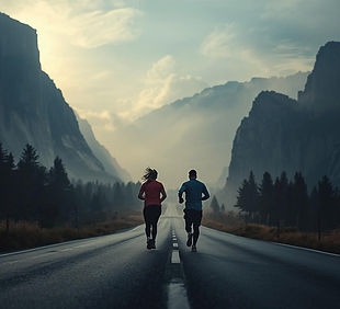 Two runners wearing Altra road running shoes jog along a paved mountain road at sunrise, surrounded by tall pine trees and dramatic cliffs.