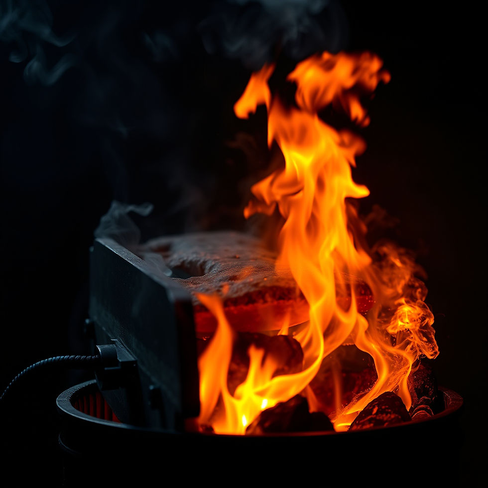 a smoky fiery smoker barrel grill with intense flames with a dark background .jpg