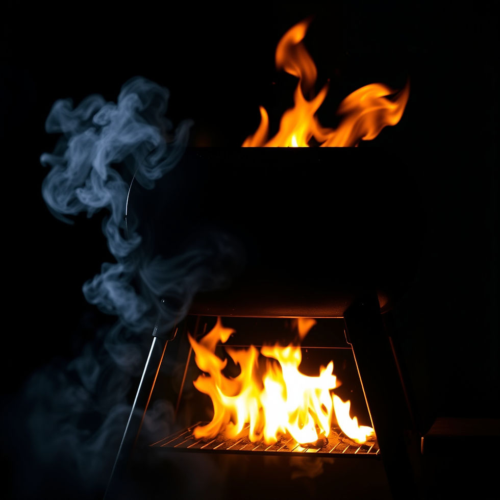 a smoky and fiery smoker grill with a dark background with flames .jpg