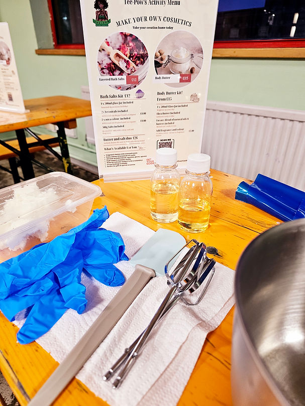Make your own body butter set up with mixing equipment, ingredients and  PPE