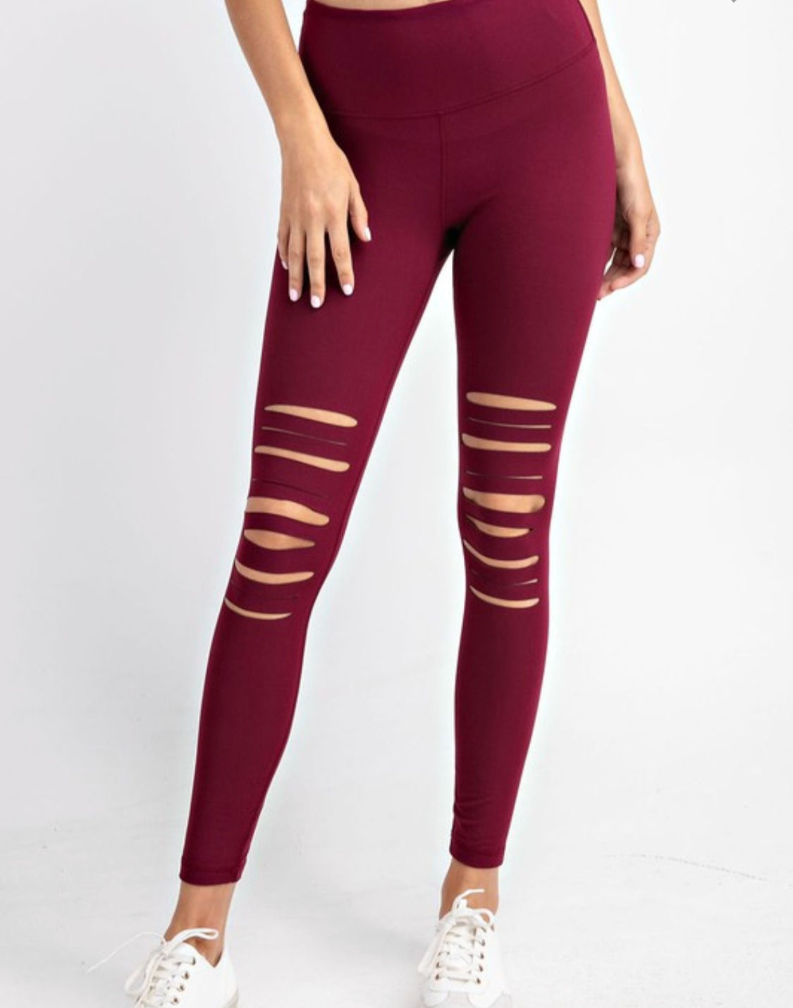 Ripped High Waist Leggings--Maroon