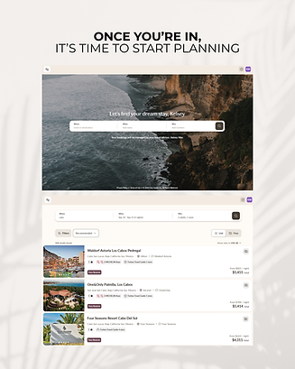 Rich & Kitch Client Portal search page showing hotel results in Cabo, including Waldorf Astoria Los Cabos Pedregal, One&Only Palmilla and Four Seasons Resort Cabo Del Sol.