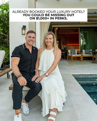 Luxury travel advisors seated outside a private pool suite with text explaining that travelers who already booked a luxury hotel may be missing out on $1,000 or more in complimentary perks.