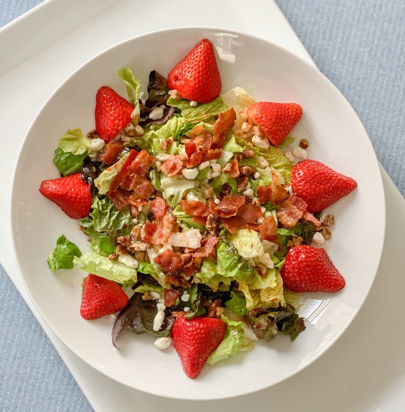 Summer Salad Recipe with Lettuce, Strawberries, Pecans, Goat Cheese, & Bacon | kitchensinkit