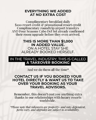 Luxury hotel takeover booking benefits including daily breakfast, resort credits, roundtrip airport transfers and a confirmed room upgrade, totaling more than $1,000 in added value at no extra cost.