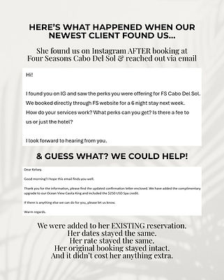 Client takeover booking example showing how a direct Four Seasons Cabo Del Sol reservation was kept intact while complimentary travel advisor perks, including a room upgrade and spa credit, were added.
