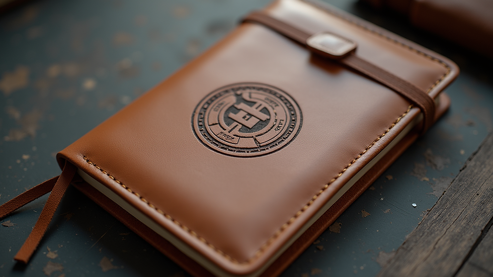 Eye-level view of personalized leather notebook with embossed logo