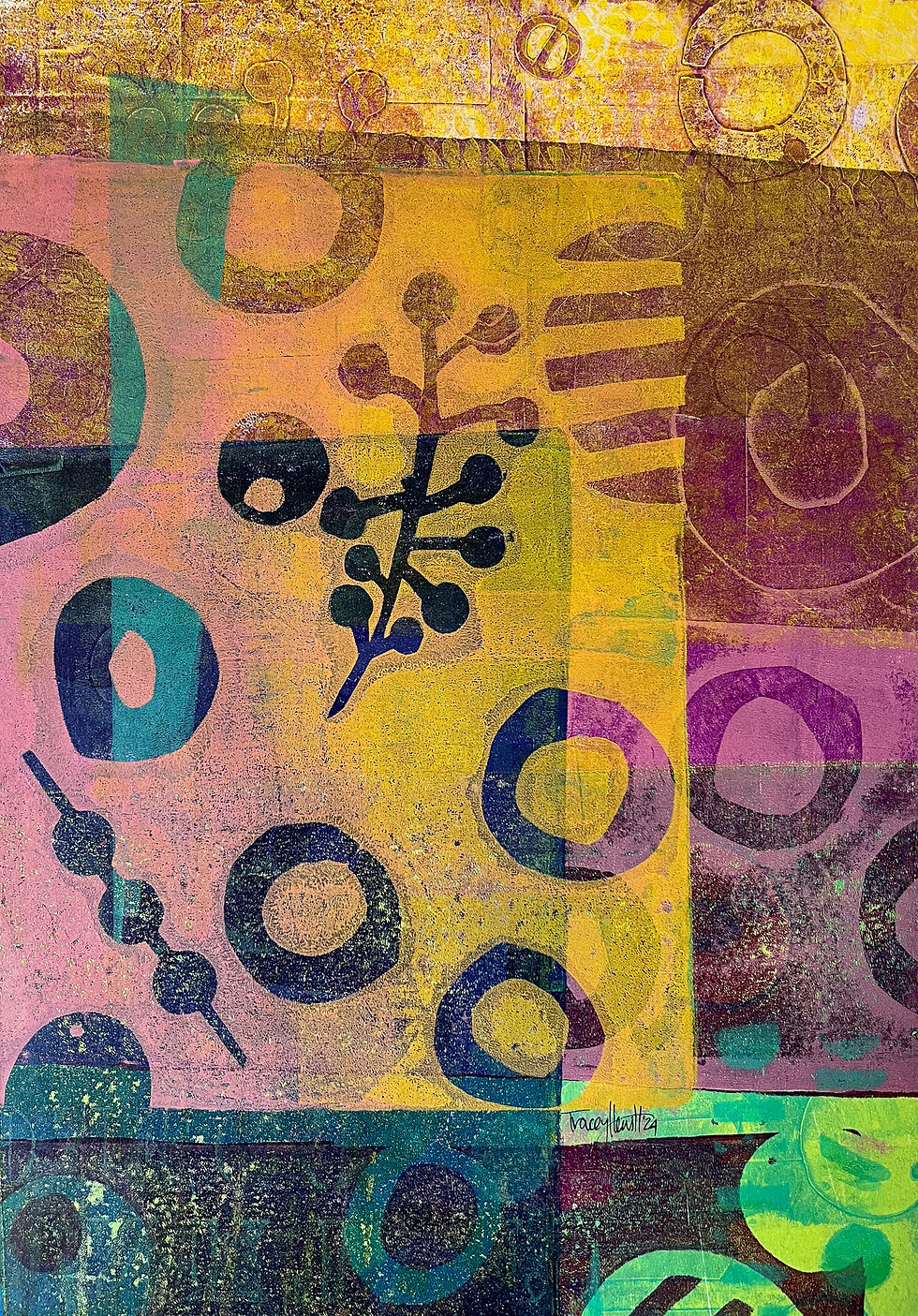 bright monoprint artwork. cirlces and shapes onlayers of colour.