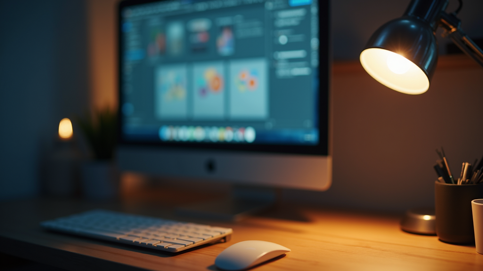 Close-up view of a desk lamp illuminating a computer workspace