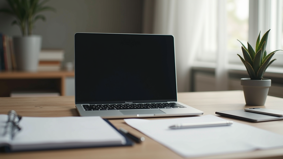Eye-level view of a minimalist workspace with a laptop and creative tools