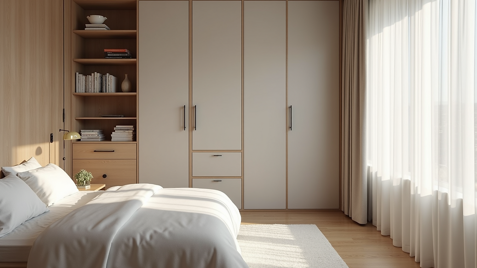 High angle view of a minimalist bedroom with built-in storage and neutral tones