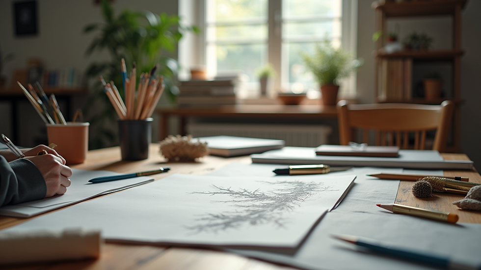 Eye-level view of a creative workspace with art supplies and sketches