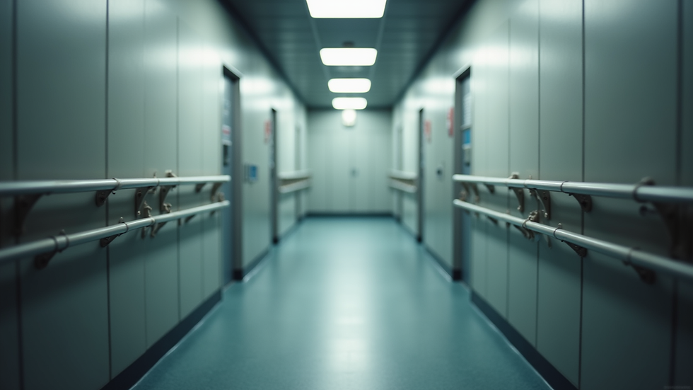 Close-up view of a well-lit hallway with handrails installed for safety