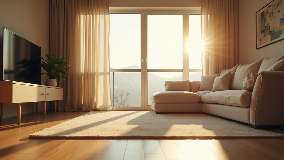 Eye-level view of a tidy living room with sunlight streaming through the window