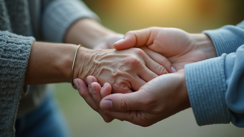 Close-up view of a caregiver’s hand gently holding an elderly person’s hand