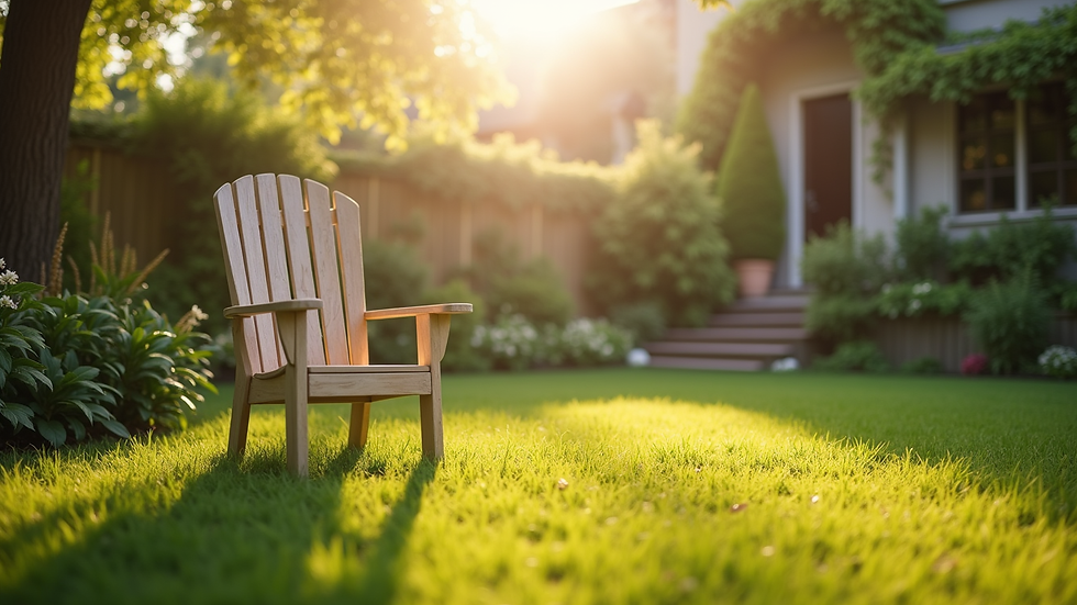 Close-up view of a peaceful garden with a single chair and soft sunlight