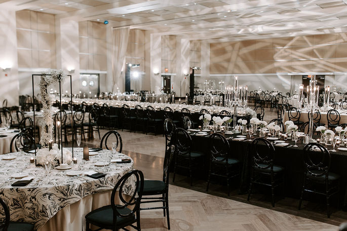 Black-and-white wedding table décor at The Circuit Center in Pittsburgh.