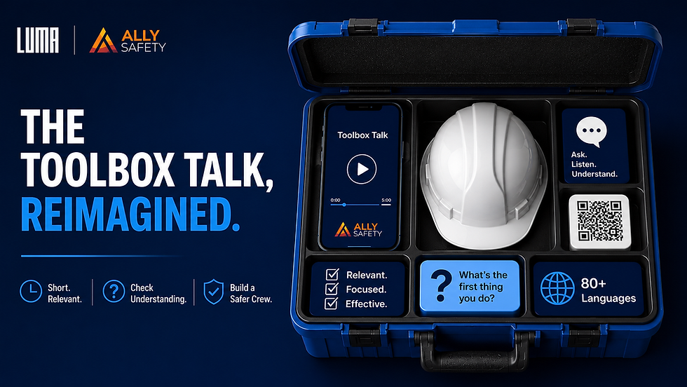 Blue toolbox case with hard hat, phone, QR code, and safety icons; ad reads THE TOOLBOX TALK, REIMAGINED.