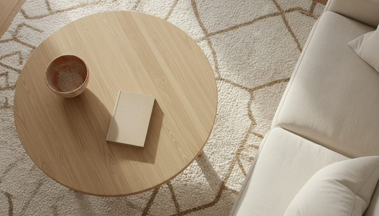 Overhead view of a round coffee table with one ceramic bowl, a small book, and warm natural textures nearby.