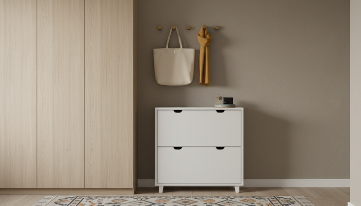 Eye-level view of a compact entryway with a slim shoe cabinet, wall hooks, and warm wood accents.