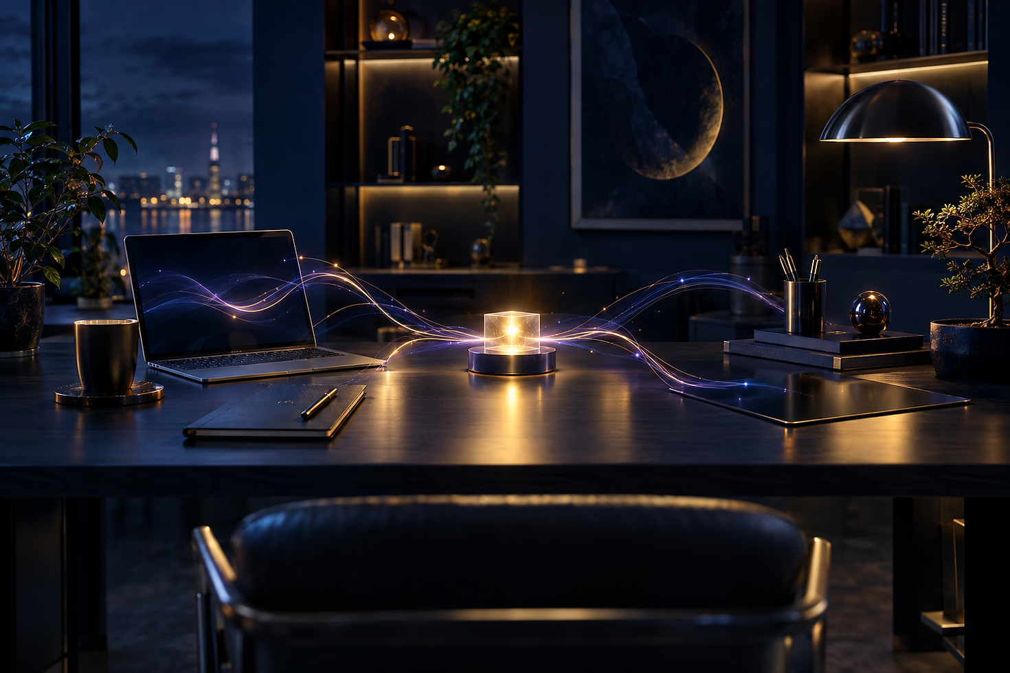 Moderner Schreibtisch im Abendlicht mit leuchtendem Würfel und Datenströmen zum Laptop