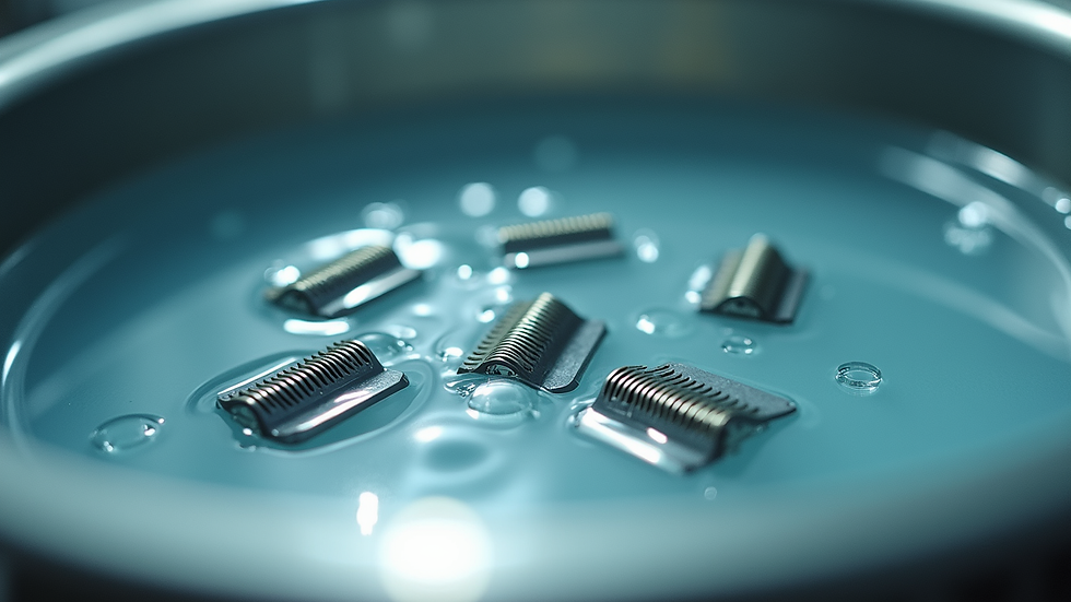 Eye-level view of clipper blades soaking in cleaning solution