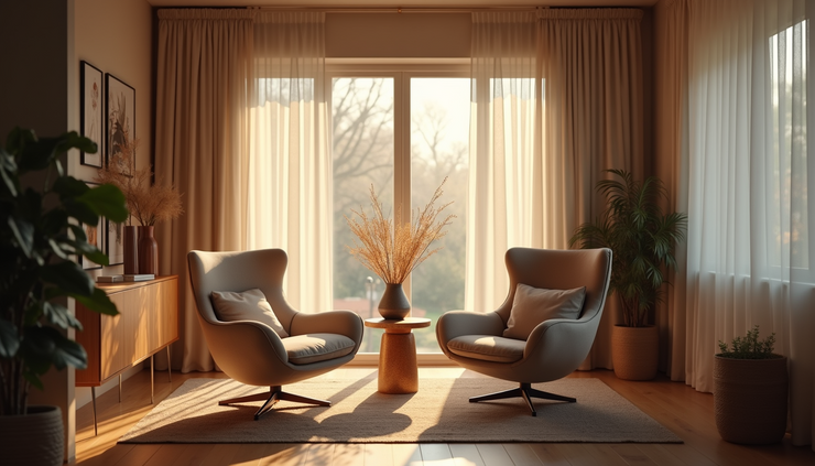Eye-level view of a cozy living room with two chairs facing each other, symbolizing connection and conversation