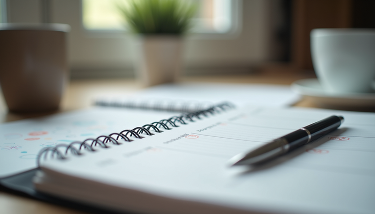 Eye-level view of a simple desk with a planner, pen, and coffee cup