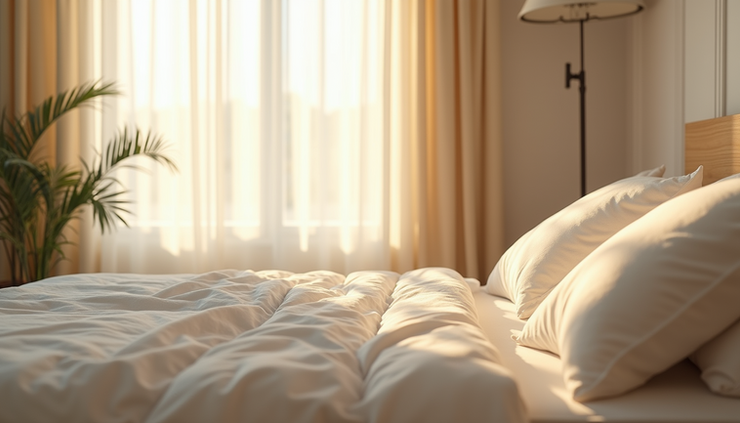 Eye-level view of a cozy bedroom with a sunlit bed and a soft pillow inviting a restful nap