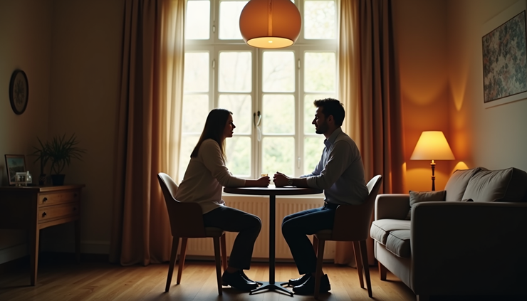 Eye-level view of two people sitting across a small table, sharing a warm conversation in a cozy room