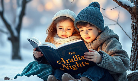 In landscape format, create an image of a girl and a boy reading a book called The Arabian