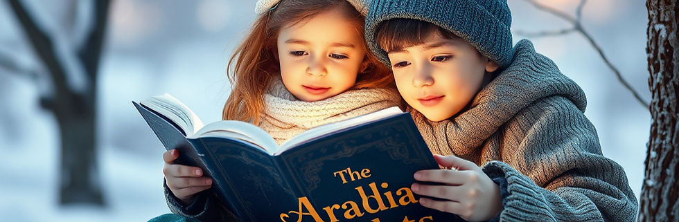 In landscape format, create an image of a girl and a boy reading a book called The Arabian