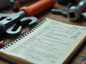 Close-up view of plumbing tools and a cluttered notebook with handwritten financial notes