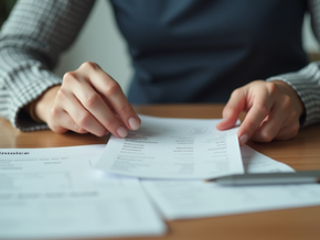 Eye-level view of a small business owner organizing receipts and invoices on a wooden desk