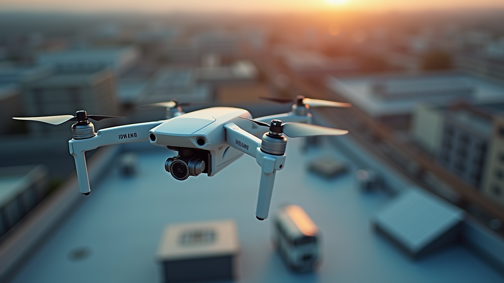 High angle view of a drone inspecting a commercial building rooftop