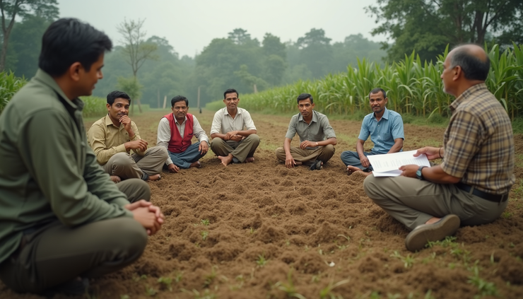 High angle view of a piggery farm training session with local farmers and district officials in Meghalaya