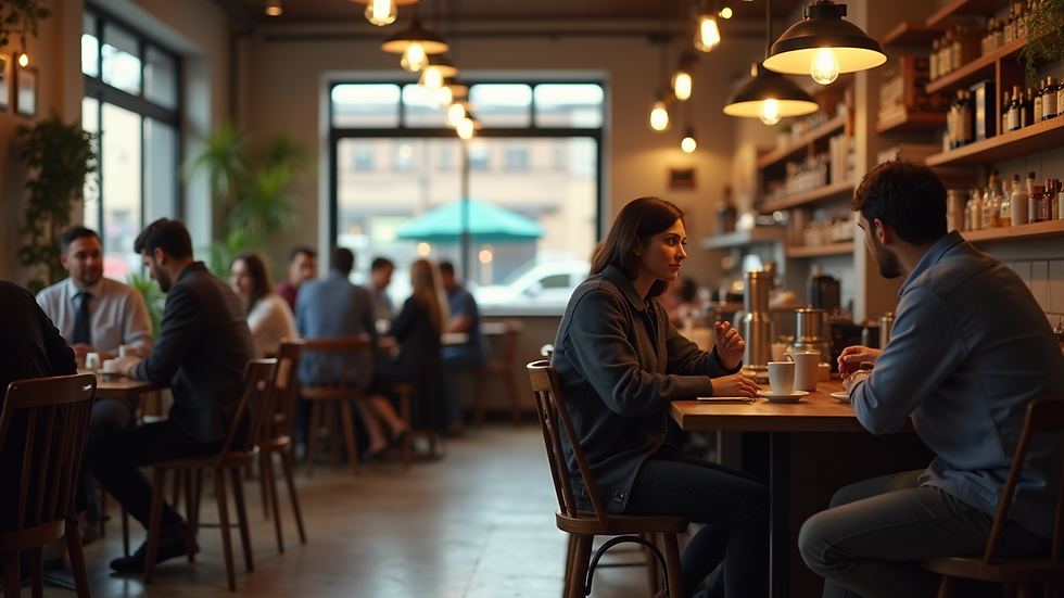Eye-level view of a cozy coffee shop interior with people engaged in conversation