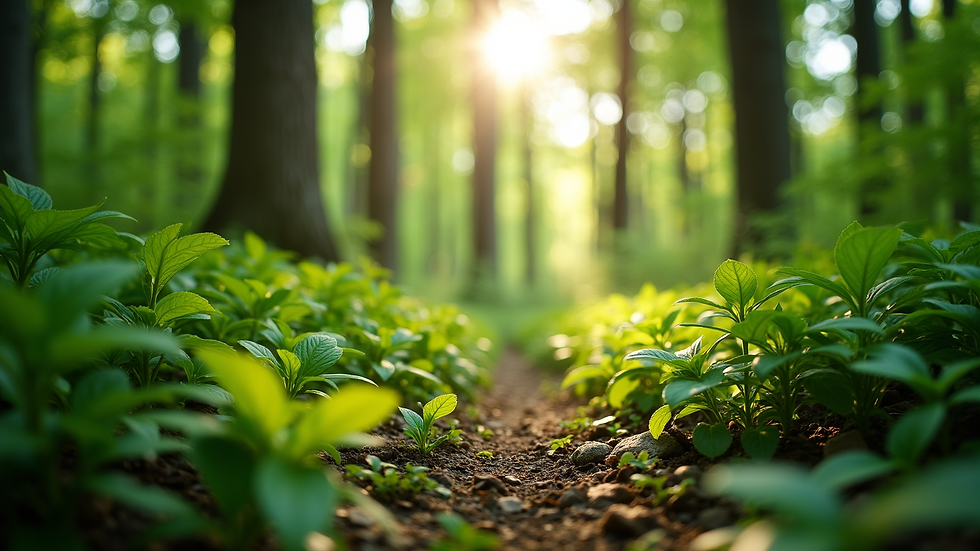 Eye-level view of a lush green forest with sunlight filtering through the leaves
