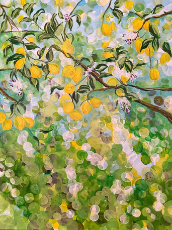 Left Panel Close -up Detail "Lemon Winter"  Large acrylic painting by Aylin Uyan. Vibrant golden lemons and delicate blossoms against a crisp white and blue winter sky with soft green background tones.