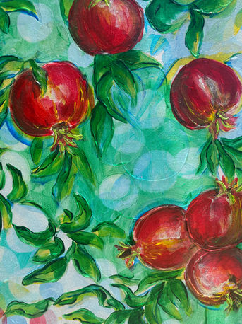 "Pomegranate Summer" acrylic painting by Aylin Uyan. Detail 4 captures close-up pomegranate branches, featuring glowing light and rich colors reflected across a large canvas.