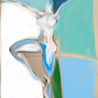 "Freedom" acrylic painting by Aylin Uyan. A figurative nude with athletic arms open wide in a welcoming gesture, blending pure white tones on the left into vibrant blue and aqua water-like textures on the right.