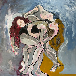 There are three girls intertwine. holding each other. modern dancers. colors are grays, taupe grays, black, deep purple and deep brownish gold.
