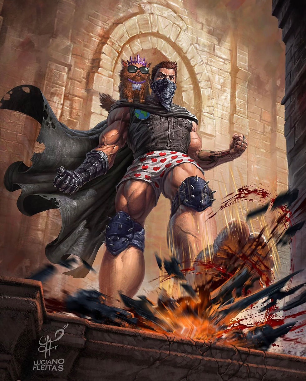 Carl and Princess Doughnut from the Dungeon Crawler Carl book series. Original artwork by Luciano Fleitas.