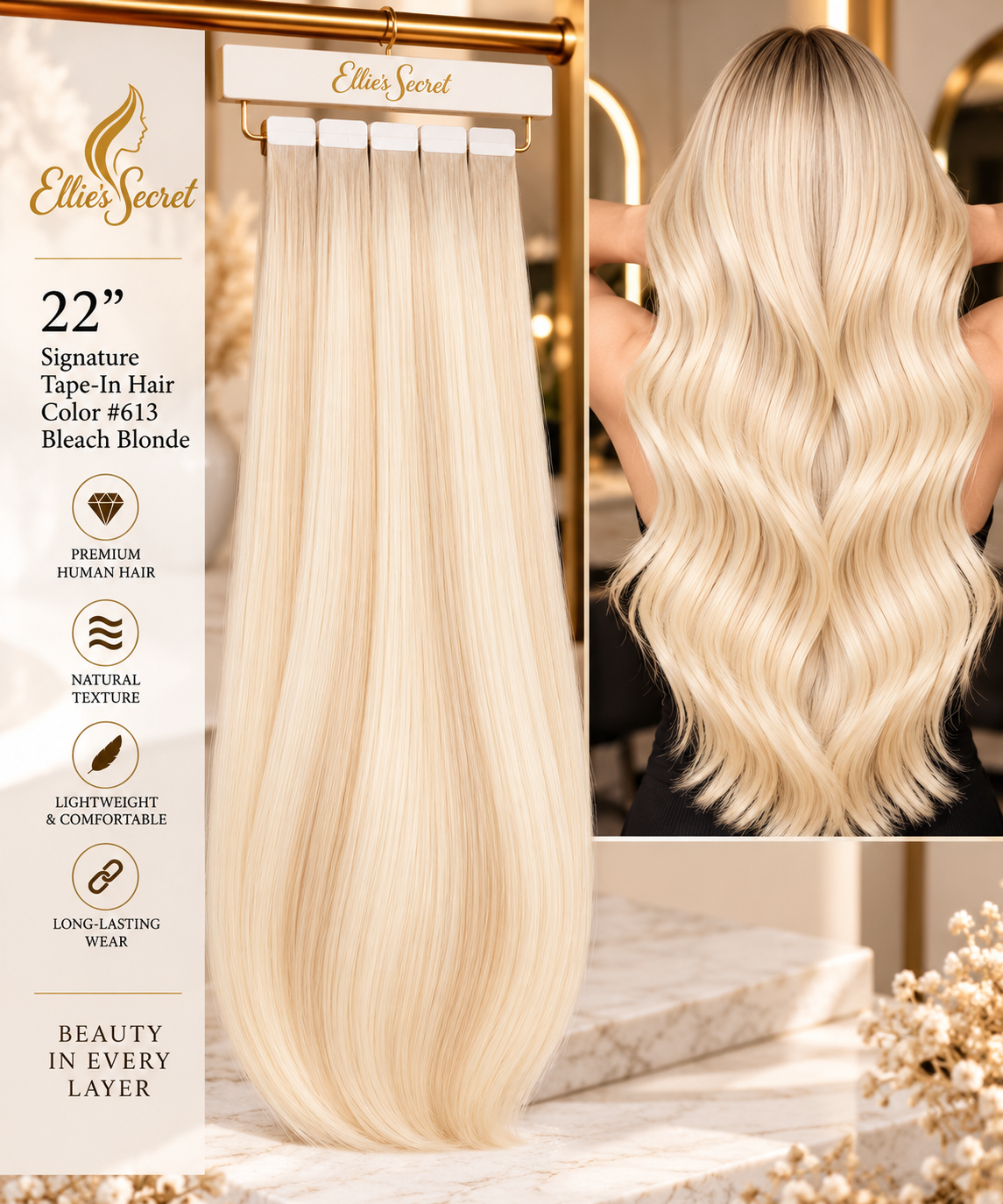#613 Bleach Blonde | 22" Signature Tape-In Human Hair